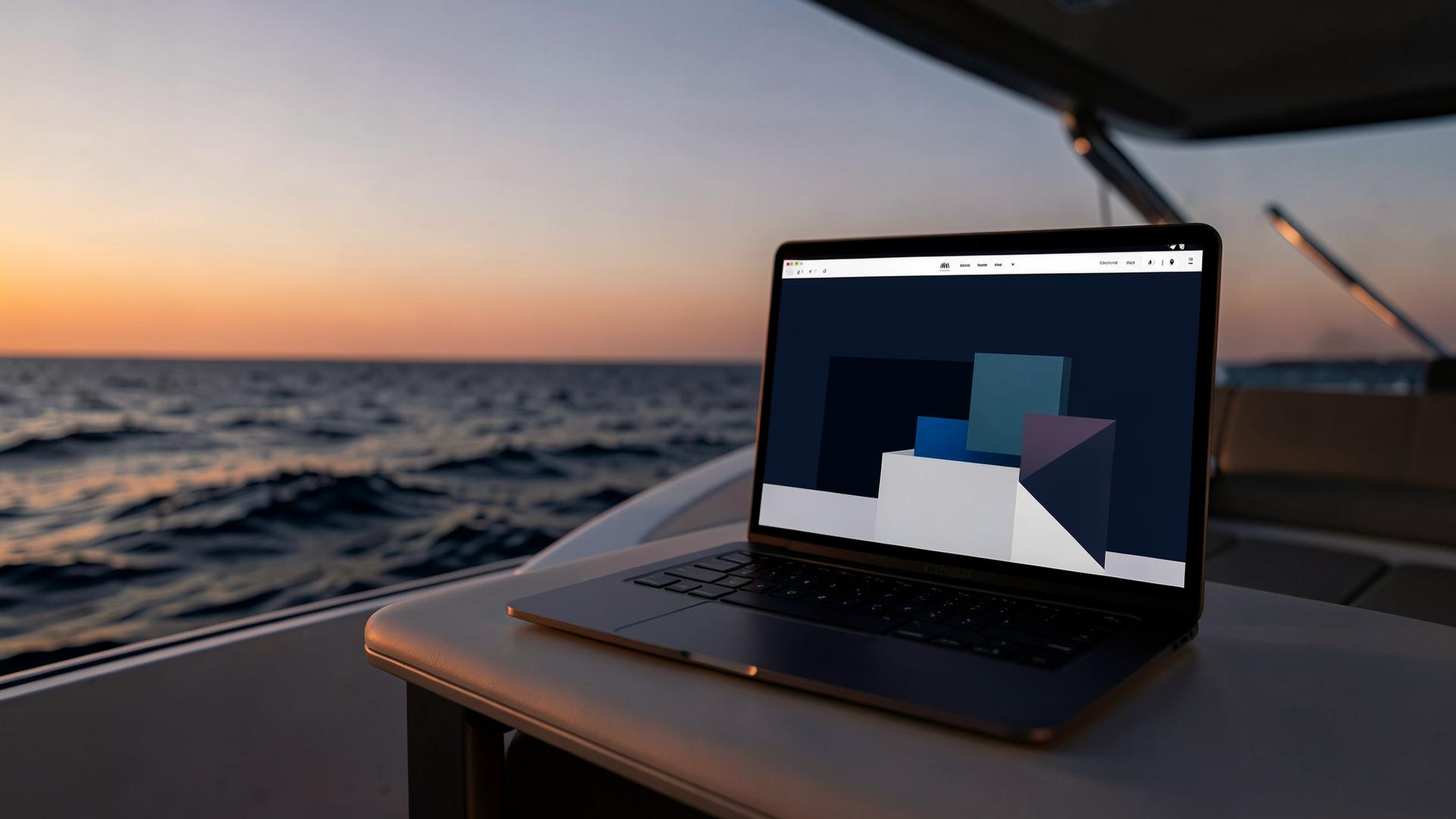 A focused one-page website displayed on a laptop at sea