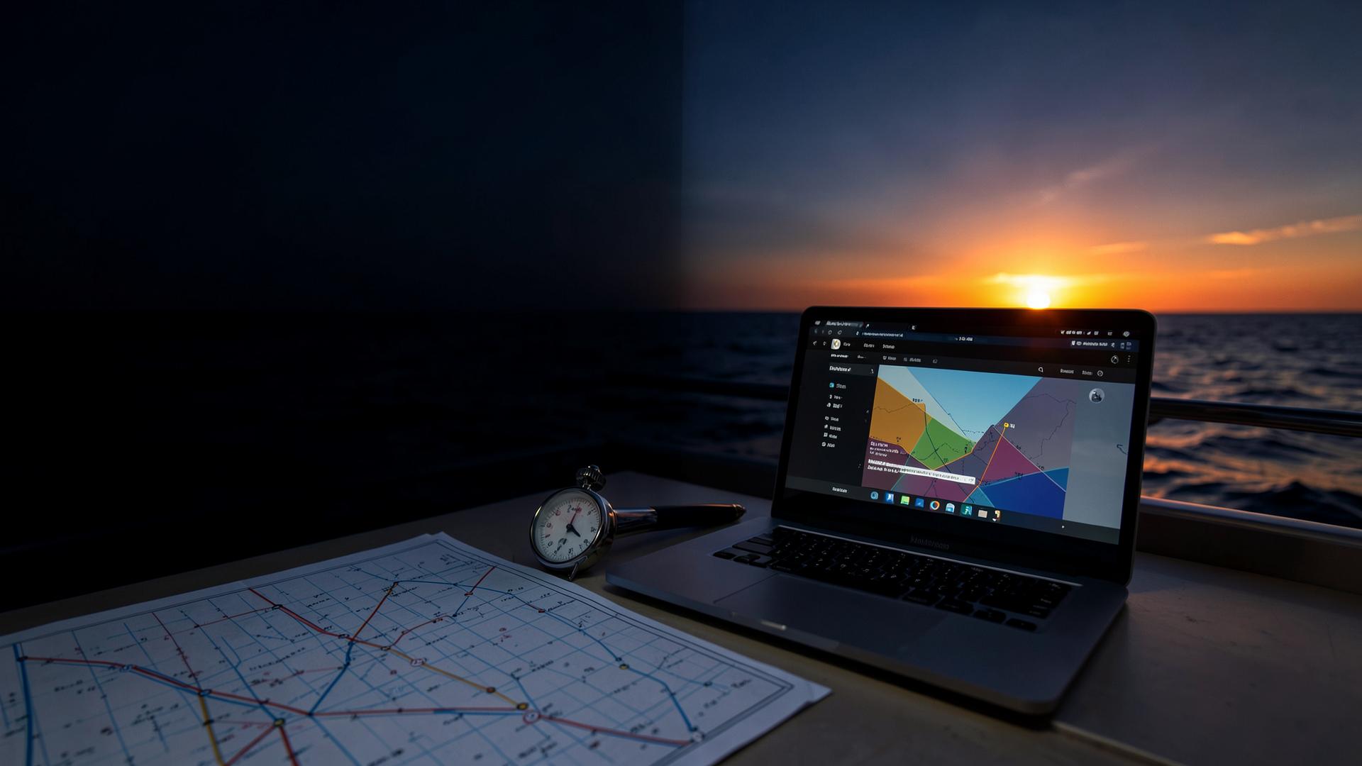 A precise project route plotted beside a laptop at sunrise