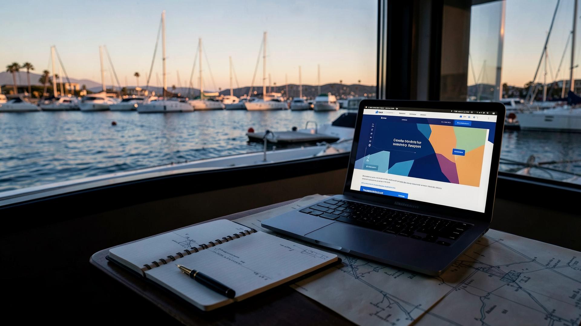 A copywriting notebook and laptop overlooking a Southern California marina